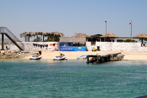 Pulling up to the pier at Al Dar Island. 